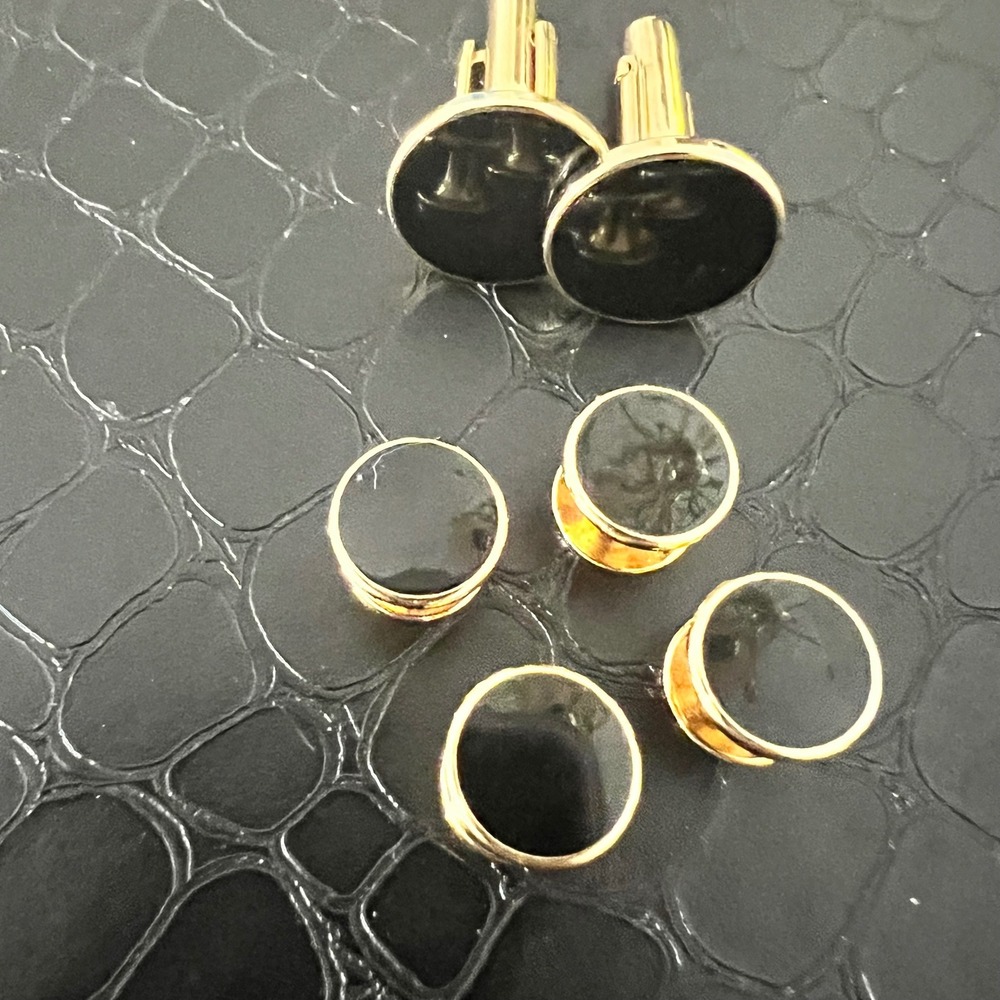 Vintage Gold Tone Tuxedo Black Enamel Cufflinks & Shirt Studs Set 6pc‎ Classic